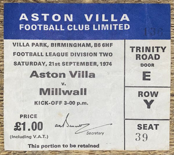 1974/75 ORIGINAL DIVISION TWO TICKET ASTON VILLA V MILLWALL