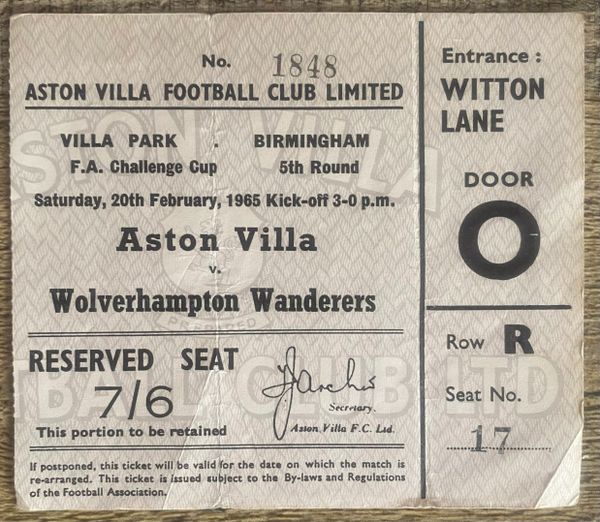 1964/65 ORIGINAL FA CUP 3RD ROUND TICKET ASTON VILLA V WOLVERHAMPTON WANDERERS