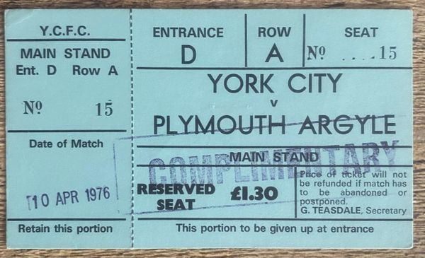 1975/76 ORIGINAL DIVISION TWO UNUSED TICKET YORK CITY V PLYMOUTH ARGYLE