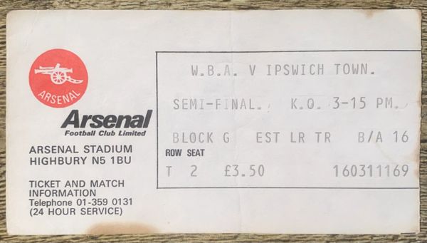 1978 ORIGINAL FA CUP SEMI FINAL TICKET WEST BROMWICH ALBION V IPSWICH TOWN (IPSWICH ALLOCATION) @ HIGHBURY