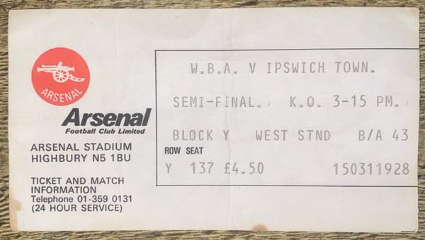 1978 ORIGINAL FA CUP SEMI FINAL TICKET WEST BROMWICH ALBION V IPSWICH TOWN (WBA ALLOCATION) @ HIGHBURY