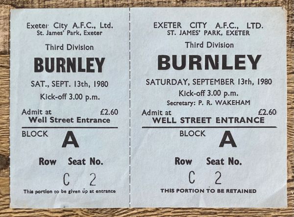 1980/81 ORIGINAL DIVISION THREE UNUSED TICKET EXETER CITY V BURNLEY
