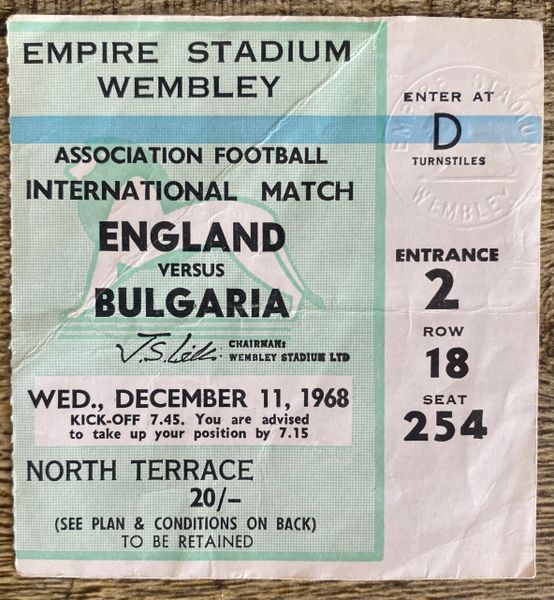 1968 ORIGINAL INTERNATIONAL MATCH TICKET ENGLAND V BULGARIA @WEMBLEY