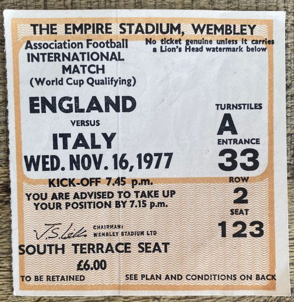1977 ORIGINAL WORLD CUP QUALIFYING TICKET ENGLAND V ITALY @WEMBLEY