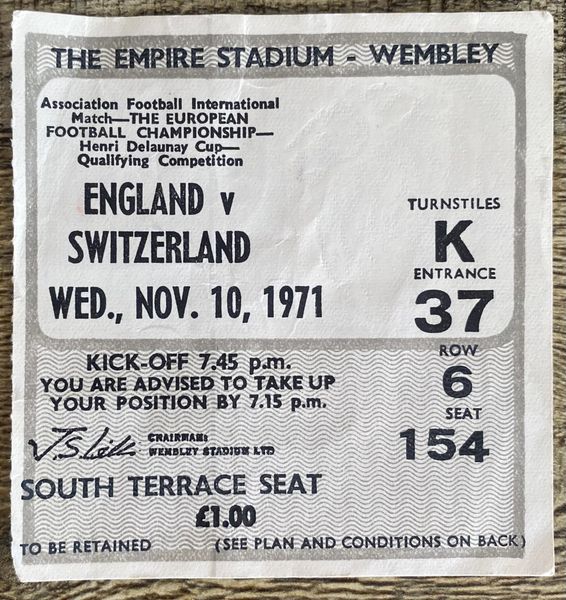 1971 EUROPEAN CHAMPIONSHIPS QUALIFYING TICKET ENGLAND V SWITZERLAND @WEMBLEY