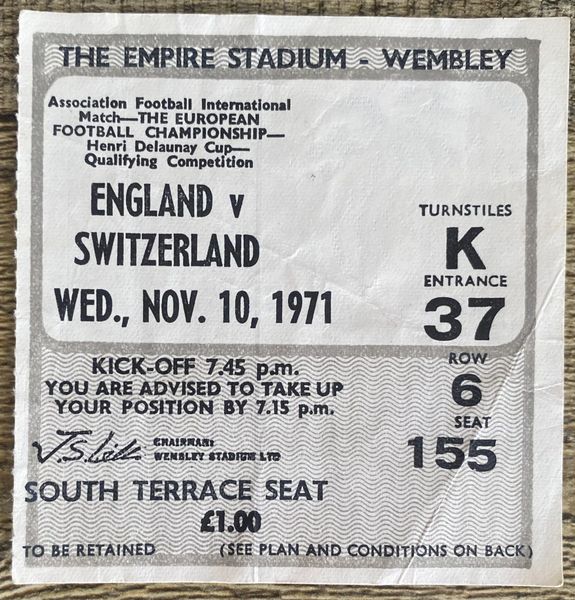 1971 EUROPEAN CHAMPIONSHIPS QUALIFYING TICKET ENGLAND V SWITZERLAND @WEMBLEY
