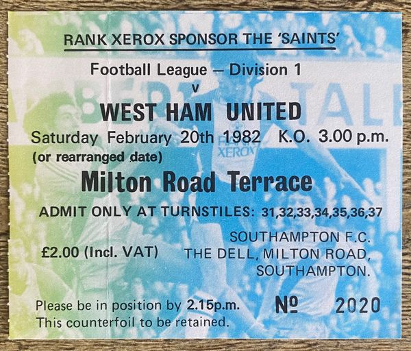 1981/82 ORIGINAL DIVISION ONE TICKET SOUTHAMPTON V WEST HAM UNITED