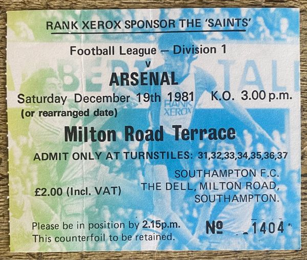 1981/82 ORIGINAL DIVISION ONE TICKET SOUTHAMPTON V ARSENAL