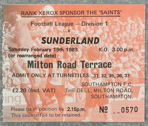 1982/83 ORIGINAL DIVISION ONE TICKET SOUTHAMPTON V SUNDERLAND