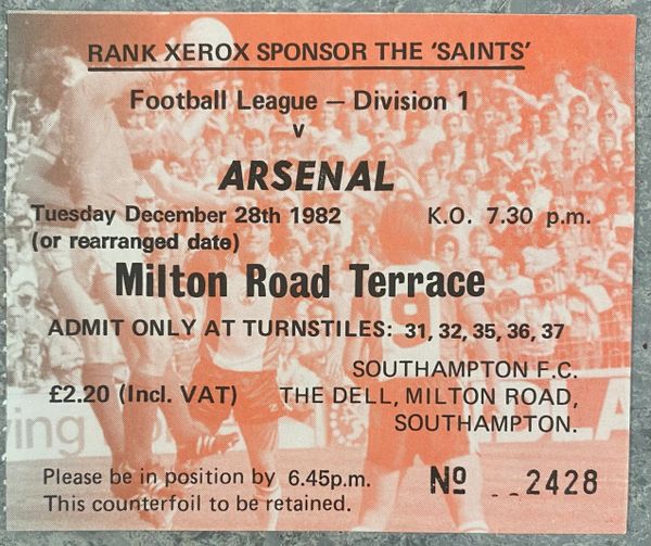 1982/83 ORIGINAL DIVISION ONE TICKET SOUTHAMPTON V ARSENAL