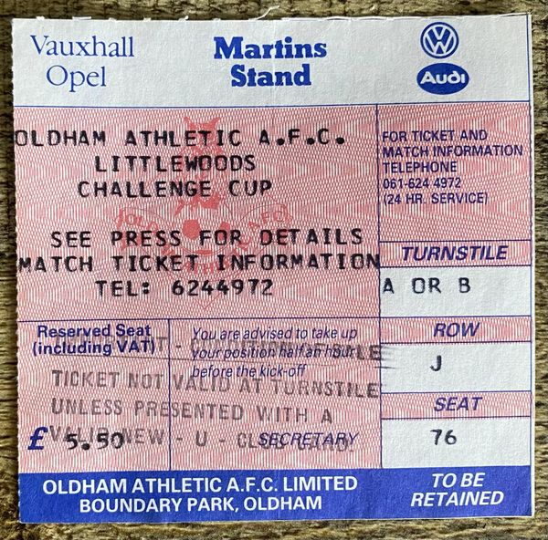 1987/88 ORIGINAL LITTLEWOODS LEAGUE CUP 3RD ROUND REPLAY TICKET OLDHAM ATHLETIC V LEEDS UNITED (LEEDS UTD ALLOCATION)