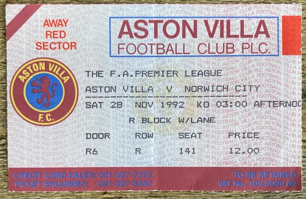1992/93 ORIGINAL PREMIER LEAGUE TICKET ASTON VILLA V NORWICH CITY (AWAY ALLOCATION)