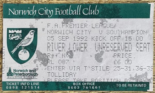 1992/93 ORIGINAL PREMIER LEAGUE TICKET NORWICH CITY V SOUTHAMPTON