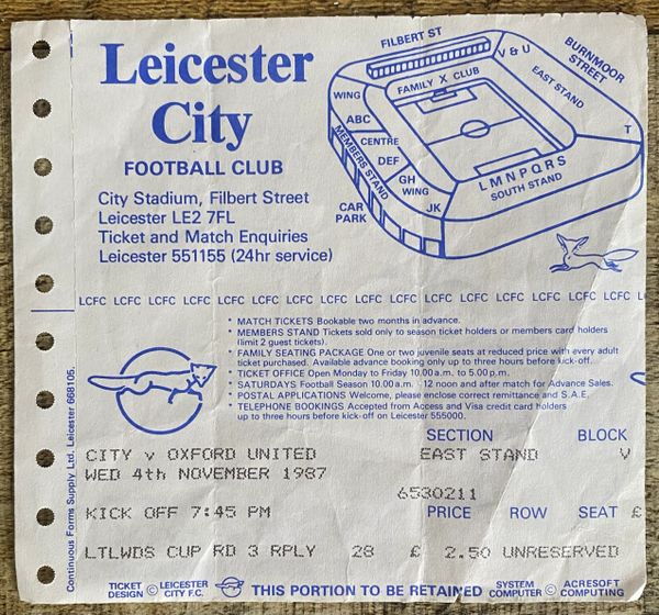 1987/88 ORIGINAL LITTLEWOODS CUP 3RD ROUND REPLAY TICKET TICKET LEICESTER CITY V OXFORD UNITED
