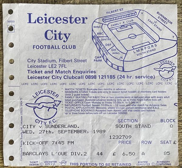 1989/90 ORIGINAL DIVISION TWO TICKET LEICESTER CITY V SUNDERLAND