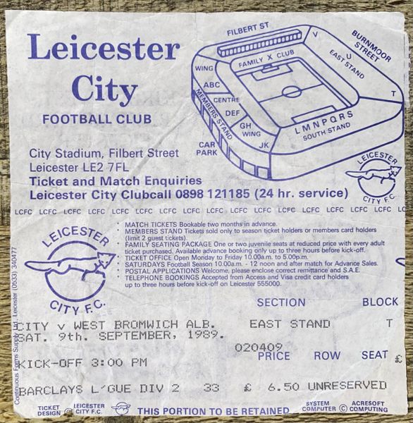 1989/90 ORIGINAL DIVISION TWO TICKET LEICESTER CITY V WEST BROMWICH ALBION