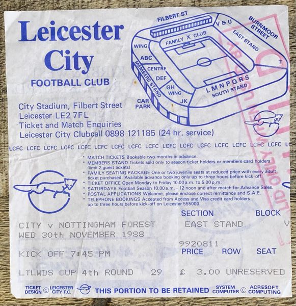 1988/89 ORIGINAL LITTLEWOODS CUP 4TH ROUND TICKET LEICESTER CITY V NOTTINGHAM FOREST