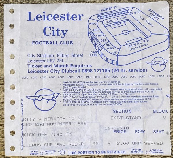 1988/89 ORIGINAL LITTLEWOODS CUP 3RD ROUND TICKET LEICESTER CITY V NORWICH CITY