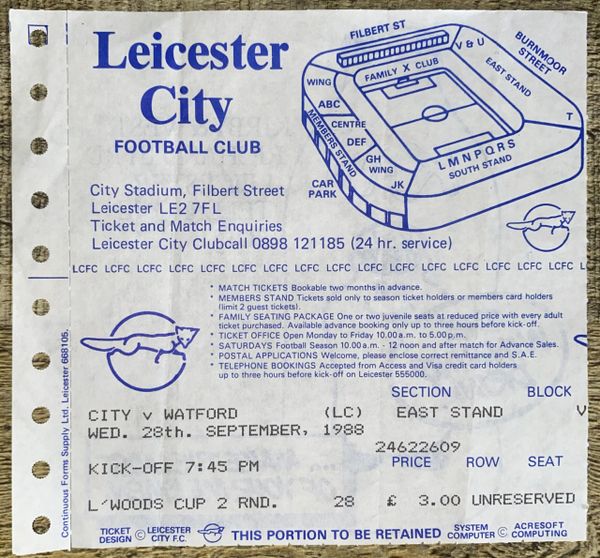 1988/89 ORIGINAL LITTLEWOODS CUP 2ND ROUND 2ND LEG TICKET LEICESTER CITY V WATFORD