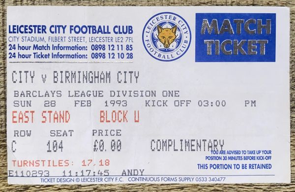 1992/93 ORIGINAL DIVISION ONE TICKET LEICESTER CITY V BIRMINGHAM CITY