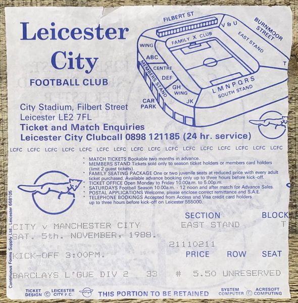 1988/89 ORIGINAL DIVISION TWO TICKET LEICESTER CITY V MANCHESTER CITY