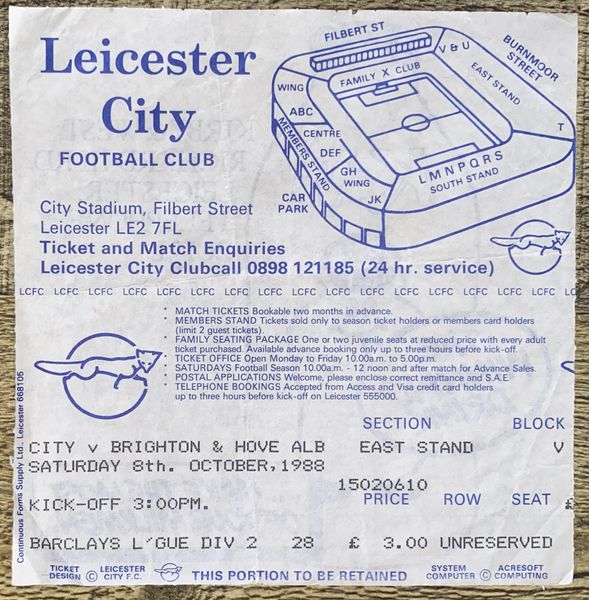 1988/89 ORIGINAL DIVISION TWO TICKET LEICESTER CITY V BRIGHTON AND HOVE ALBION