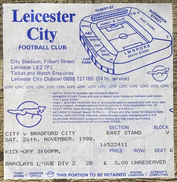 1988/89 ORIGINAL DIVISION TWO TICKET LEICESTER CITY V BRADFORD CITY