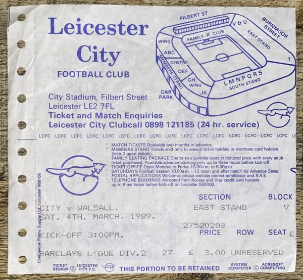 1988/89 ORIGINAL DIVISION TWO TICKET LEICESTER CITY V WALSALL