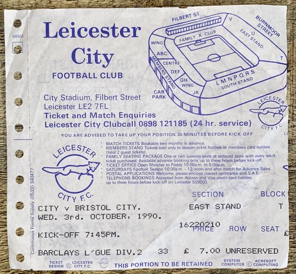 1990/91 ORIGINAL DIVISION TWO TICKET LEICESTER CITY V BRISTOL CITY