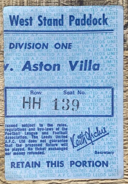 1975/76 ORIGINAL DIVISION ONE TICKET LEEDS UNITED V ASTON VILLA