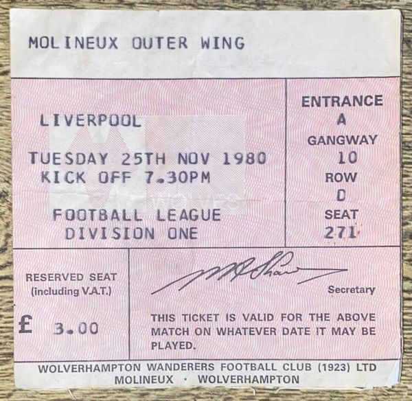 1980/81 ORIGINAL DIVISION ONE TICKET WOLVERHAMPTON WANDERERS V LIVERPOOL