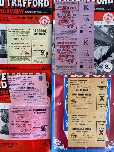 7 X 1974/75 ORIGINAL DIVISION TWO MANCHESTER UNITED TICKETS V OLDHAM, MIDDLESBROUGH, PORTSMOUTH, ASTON VILLA, MAN CITY ( 6 STUCK)