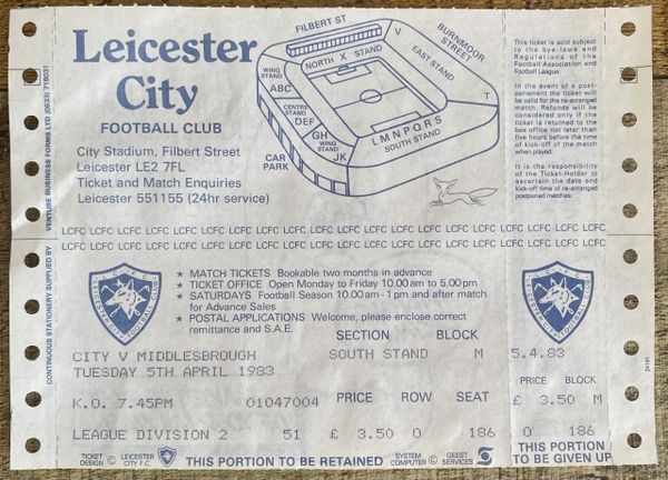 1982/83 ORIGINAL DIVISION 2 UNUSED TICKET MIDDLESBROUGH V LEICESTER CITY
