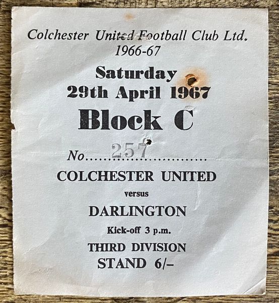 1966/67 ORIGINAL DIVISION 3 TICKET COLCHESTER UNITED V DARLINGTON