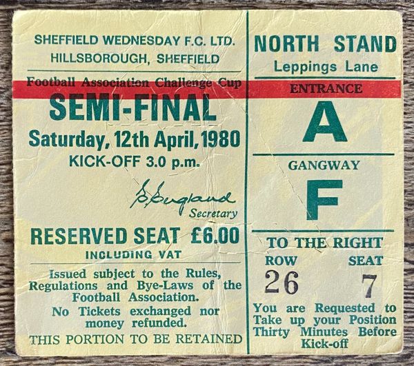 1980 ORIGINAL FA CUP SEMI FINAL TICKET LIVERPOOL V ARSENAL @HILLSBOROUGH (LIVERPOOL ALLOCATION)