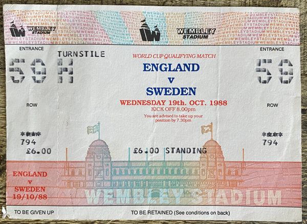 1989 ORIGINAL WORLD CUP QUALIFIER UNUSED TICKET ENGLAND V SWEDEN @WEMBLEY