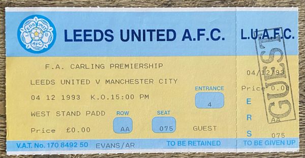 1993/94 ORIGINAL CARLING PREMIERSHIP UNUSED TICKET LEEDS UNITED V MANCHESTER CITY