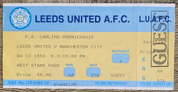 1993/94 ORIGINAL CARLING PREMIERSHIP UNUSED TICKET LEEDS UNITED V MANCHESTER CITY