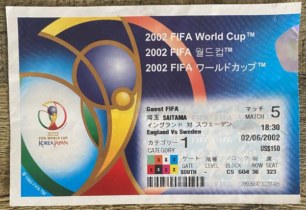 2002 ORIGINAL WORLD CUP 1ST ROUND TICKET ENGLAND V SWEDEN @SAITAMA