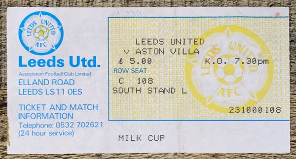 1985/86 ORIGINAL MILK CUP 3RD ROUND TICKET LEEDS UNITED V ASTON VILLA