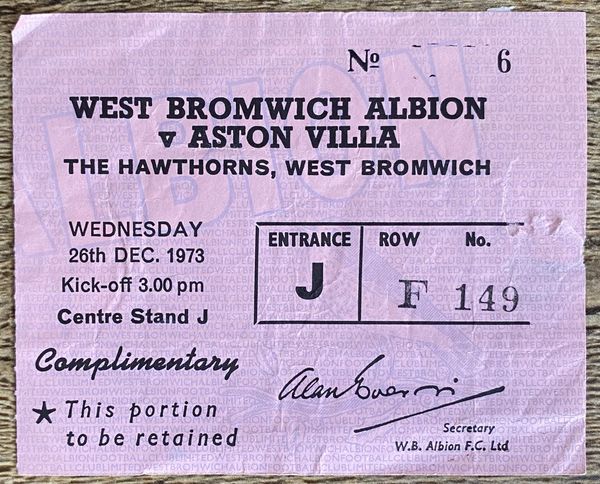 1973/74 ORIGINAL DIVISION TWO TICKET WEST BROMWICH ALBION V ASTON VILLA