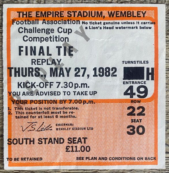 1982 ORIGINAL FA CUP FINAL REPLAY TICKET TOTTENHAM V QUEENS PARK RANGERS