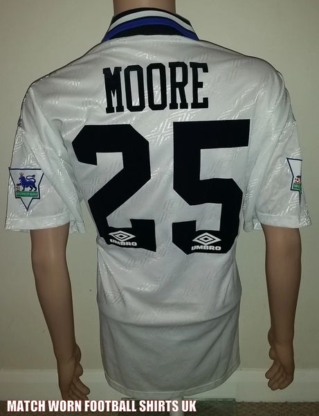 1994/95 EVERTON MATCH WORN UMBRO AWAY SHIRT MOORE #25