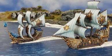 Miniature figures Comic boat are running on the sea