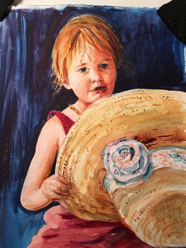 watercolor on rag paper, 20 x 20, Little Girl, Big Hat