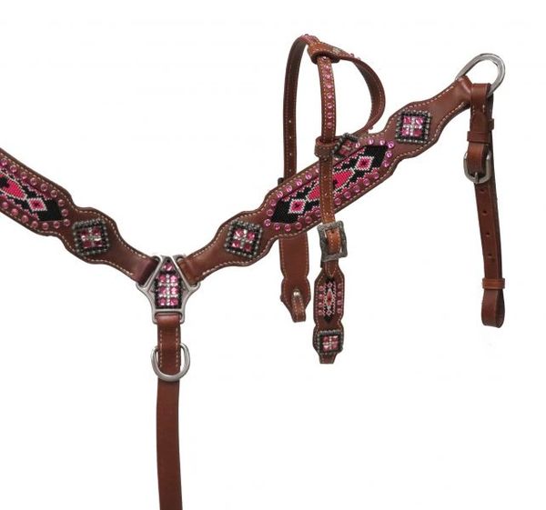 Pony Headstall & Breastplate Pink Beaded Tribal Inlay The Wicked Pony