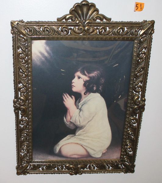 Vintage Metal Framed Girl Praying Print Picture