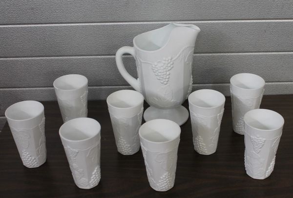 Milk Glass? White Pitcher and 8 Glasses