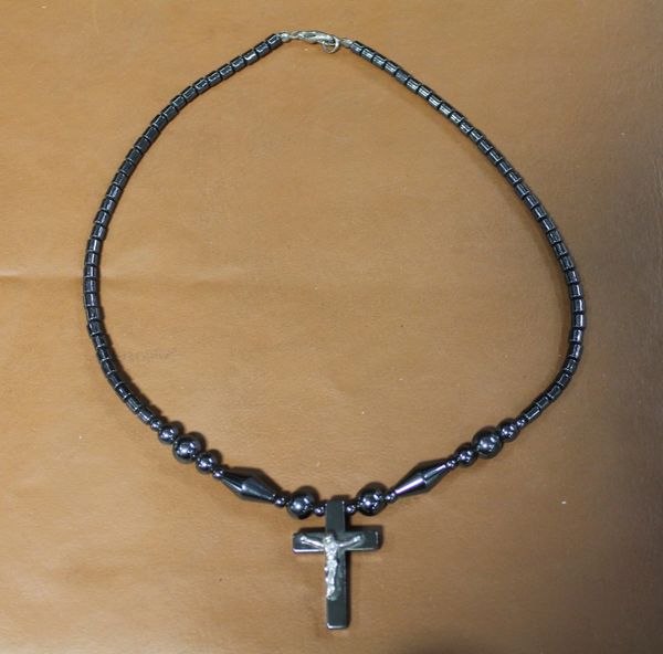 Black Onyx? Beaded Necklace with Jesus on Cross