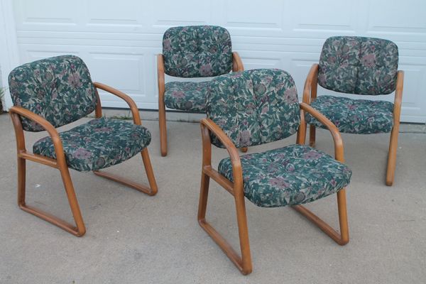 Multi Green Color Floral Conference/Office Arm Chairs With Oak Sides